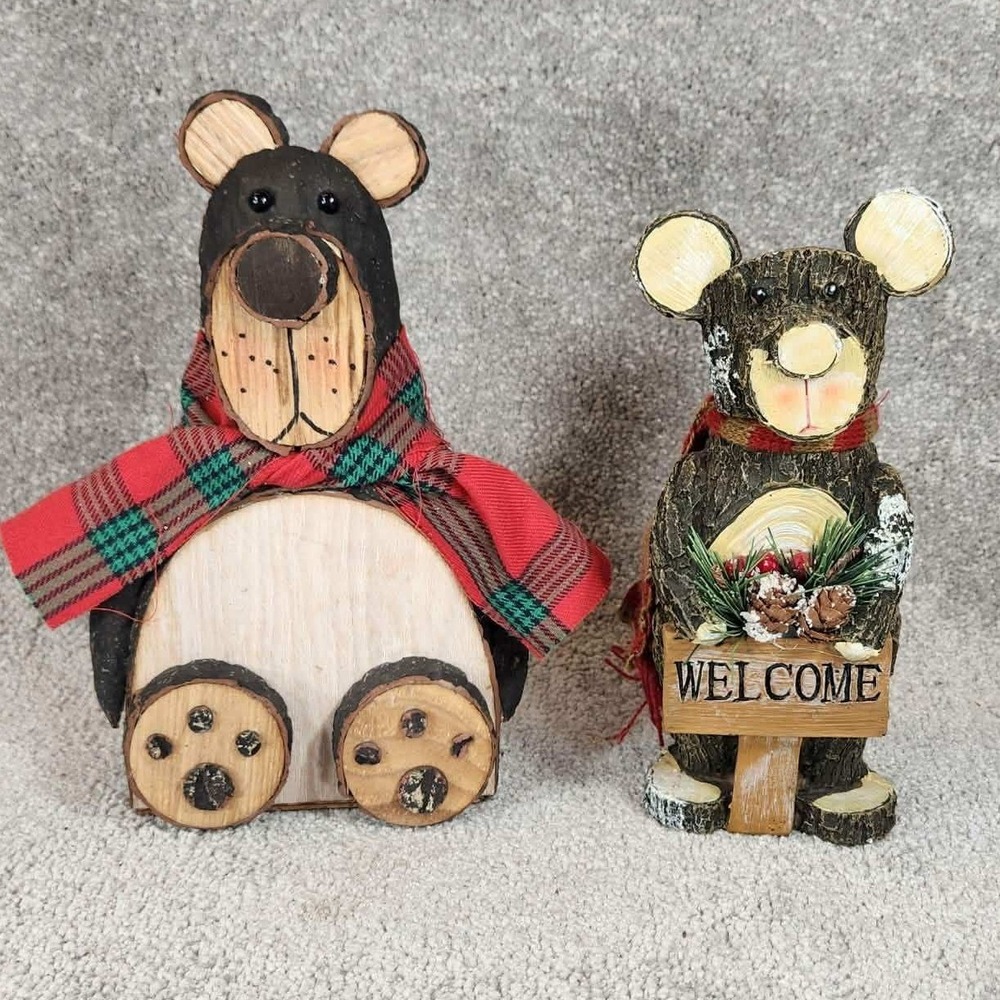 Transpac Rustic Wood Slice Bear Figurine Set Brown Plaid Scarf Welcome 2pc